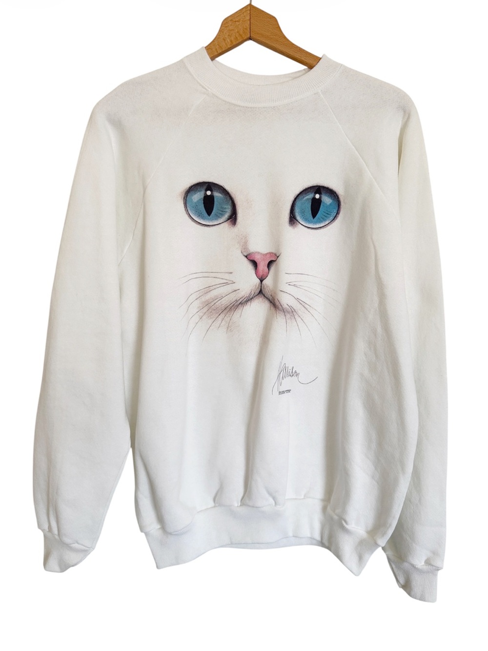 Vintage Hanes White Cats Face Blue Eyes Bob Harrison Crewneck Sweatshirt size L